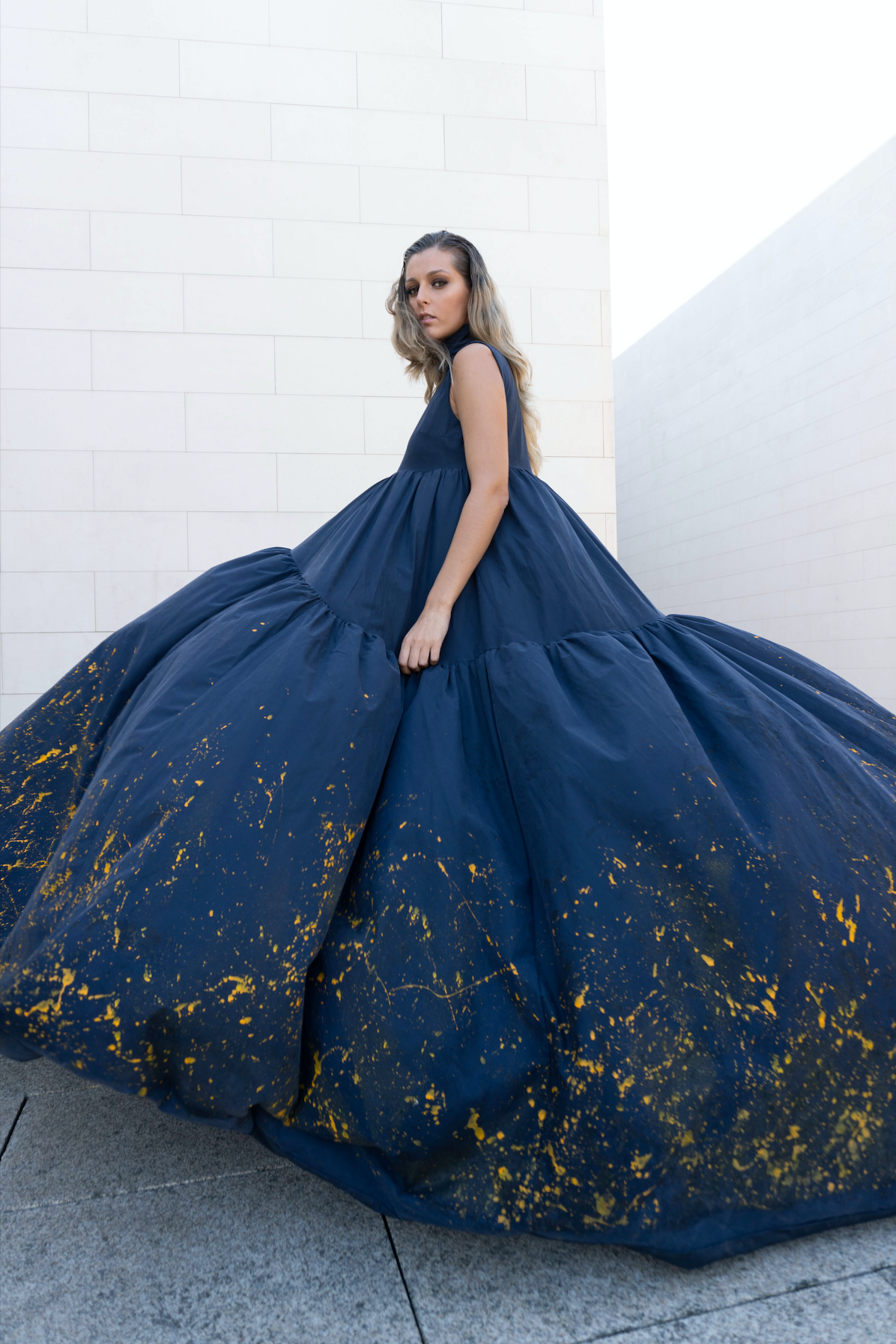 Long blue yellow dots dress